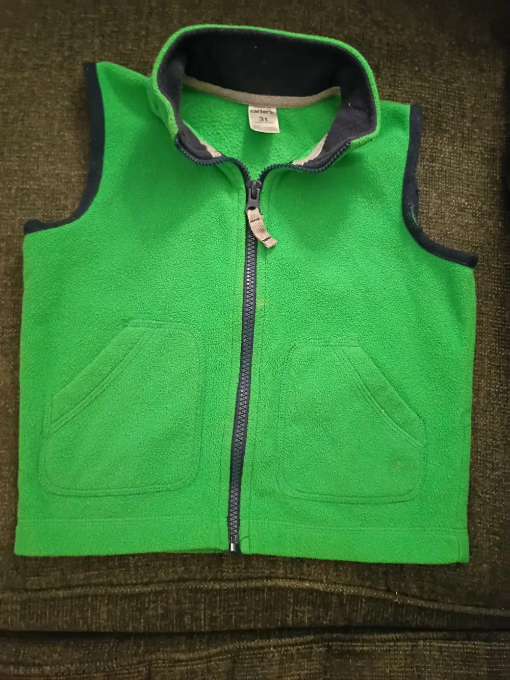 Carter's 3T Green Fleece Zip Up Vest Blue Trim & Pockets